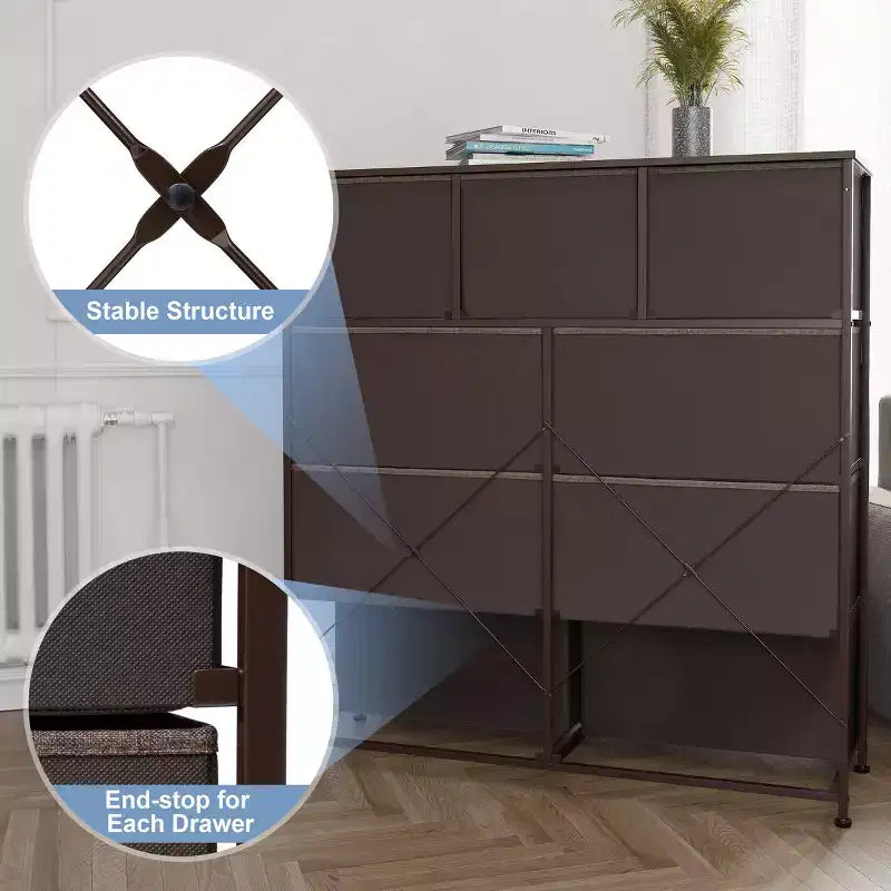 Crestlive Products Commode à 9 tiroirs en tissu extra large pour chambre à coucher, tour de rangement de vêtements avec cadre en acier robuste, plateau en bois, tiroirs faciles à tirer, poignées en bois