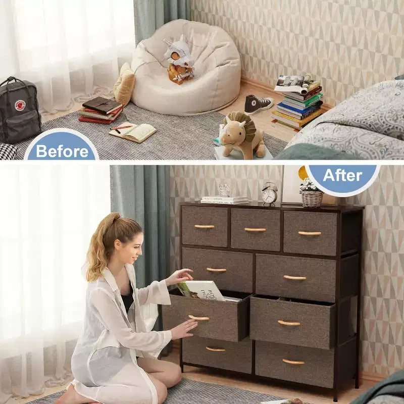Crestlive Products Commode à 9 tiroirs en tissu extra large pour chambre à coucher, tour de rangement de vêtements avec cadre en acier robuste, plateau en bois, tiroirs faciles à tirer, poignées en bois