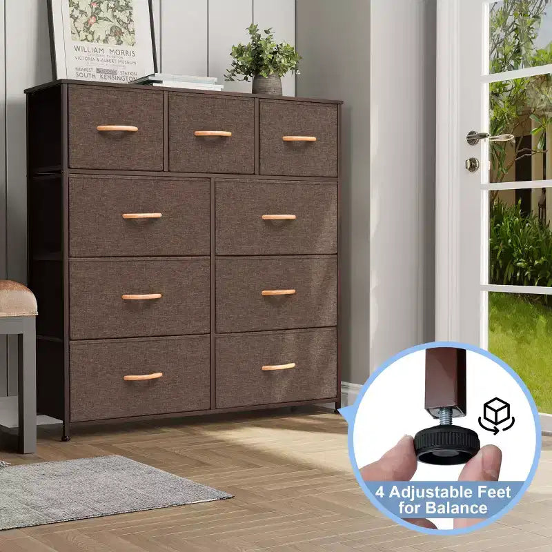 Crestlive Products Commode à 9 tiroirs en tissu extra large pour chambre à coucher, tour de rangement de vêtements avec cadre en acier robuste, plateau en bois, tiroirs faciles à tirer, poignées en bois