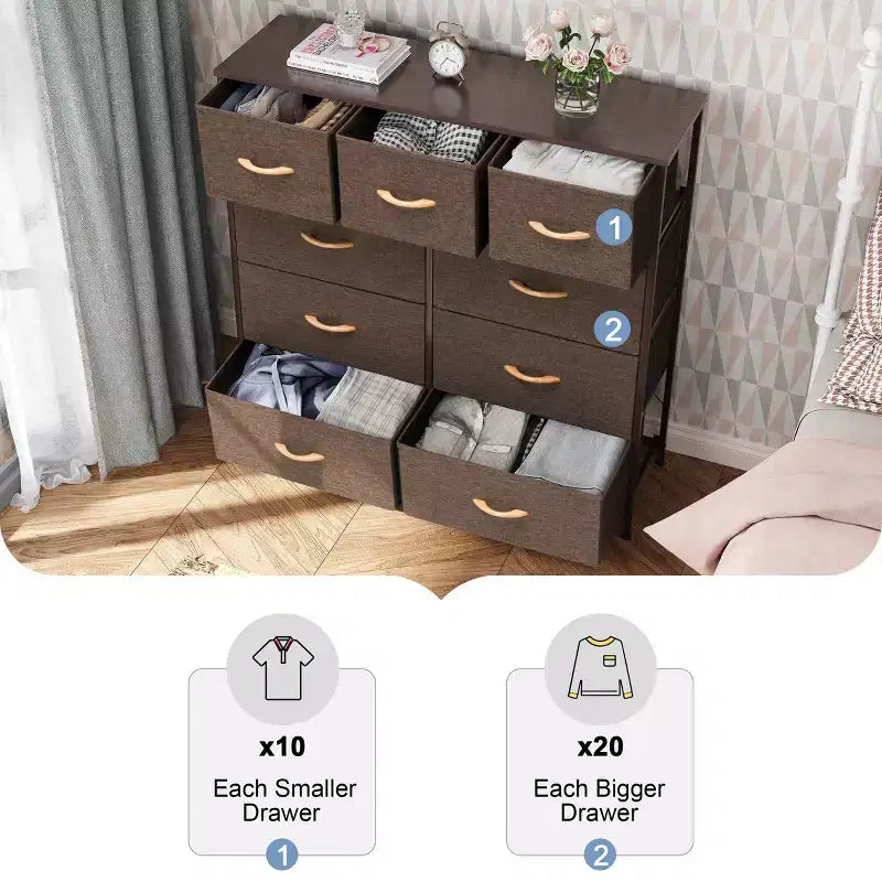 Crestlive Products Commode à 9 tiroirs en tissu extra large pour chambre à coucher, tour de rangement de vêtements avec cadre en acier robuste, plateau en bois, tiroirs faciles à tirer, poignées en bois
