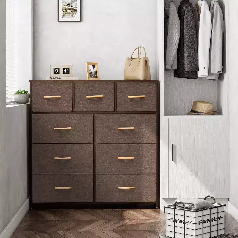 Crestlive Products Commode à 9 tiroirs en tissu extra large pour chambre à coucher, tour de rangement de vêtements avec cadre en acier robuste, plateau en bois, tiroirs faciles à tirer, poignées en bois