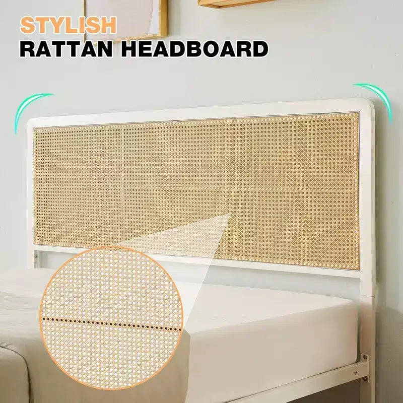 Cadre de lit en rotin de taille complète/grand lit avec tête de lit lumineuse à LED