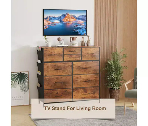 Commode de Rangement à 10 Tiroirs en Tissu avec Cadre en Acier, Plateau en Bois et Poches Latérales Marron Rustique