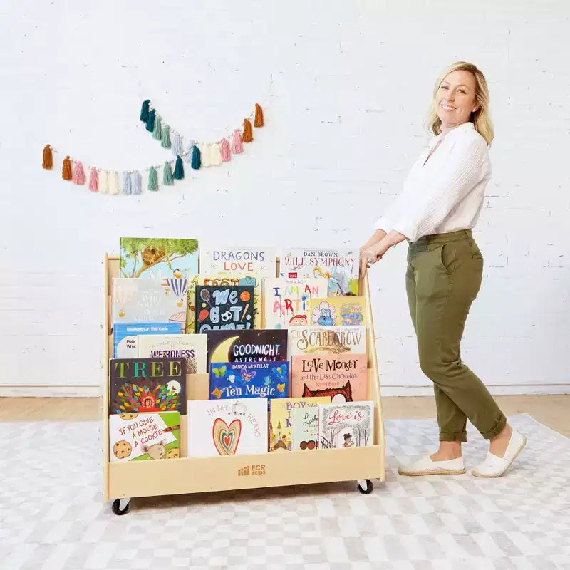 Présentoir et rangement de livres mobiles double face en bois ECR4Kids, meuble Montessori