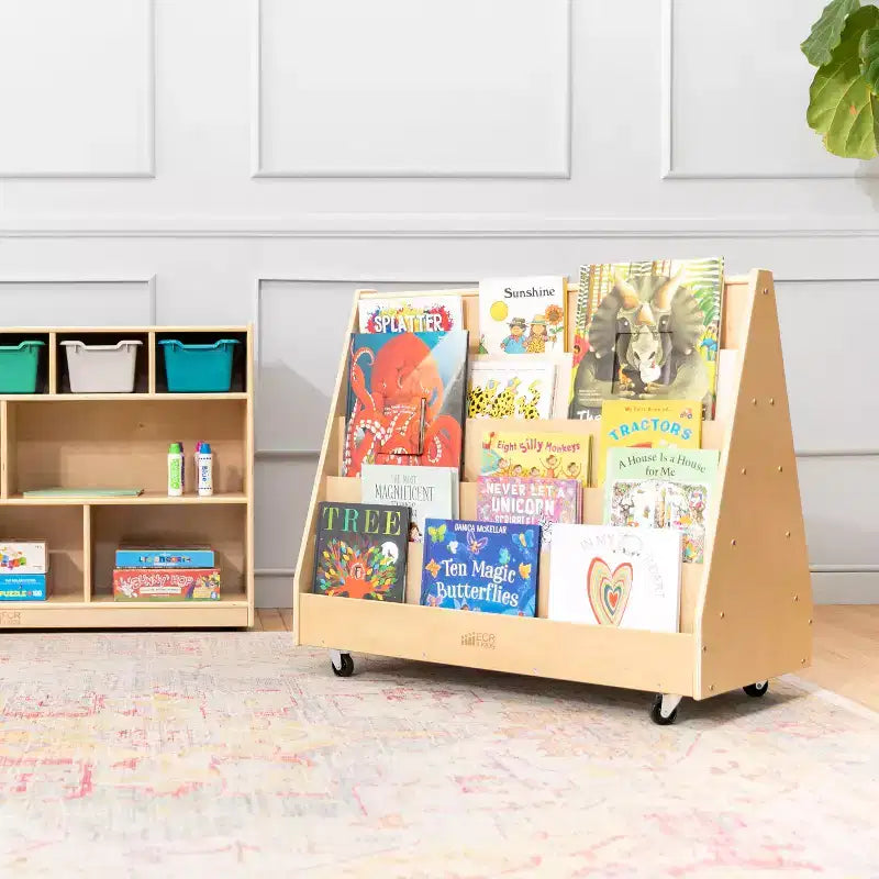 Présentoir et rangement de livres mobiles double face en bois ECR4Kids, meuble Montessori