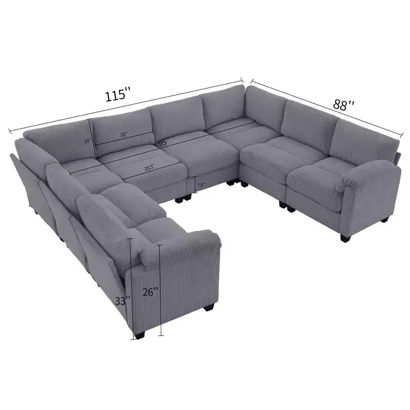 Canapé d'angle modulaire surdimensionné en velours côtelé Hyleory 115, canapé en U, grand canapé d'angle 8 places pour salon, bureau, grand espace