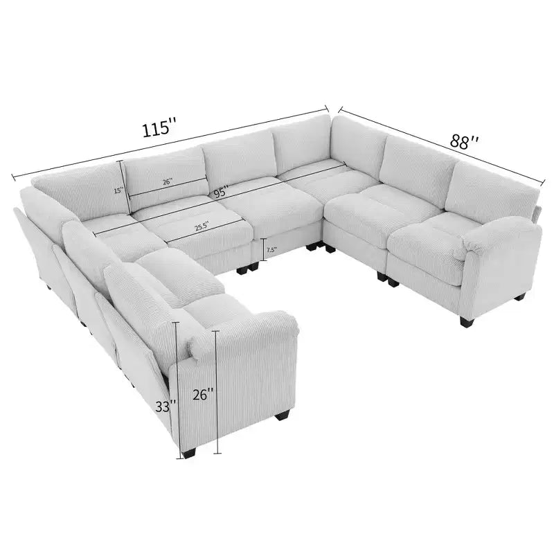 Canapé d'angle modulaire surdimensionné en velours côtelé Hyleory 115, canapé en U, grand canapé d'angle 8 places pour salon, bureau, grand espace