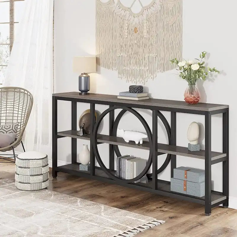 Table console à 3 niveaux de 70,9 po, style industriel – Gris / Marron / Noyer / Blanc