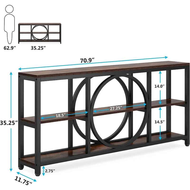 Table console à 3 niveaux de 70,9 po, style industriel – Gris / Marron / Noyer / Blanc