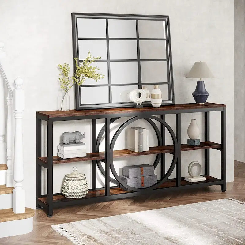 Table console à 3 niveaux de 70,9 po, style industriel – Gris / Marron / Noyer / Blanc