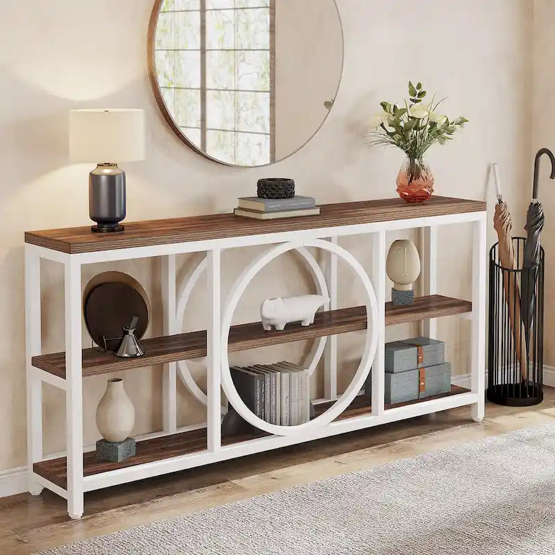 Table console à 3 niveaux de 70,9 po, style industriel – Gris / Marron / Noyer / Blanc