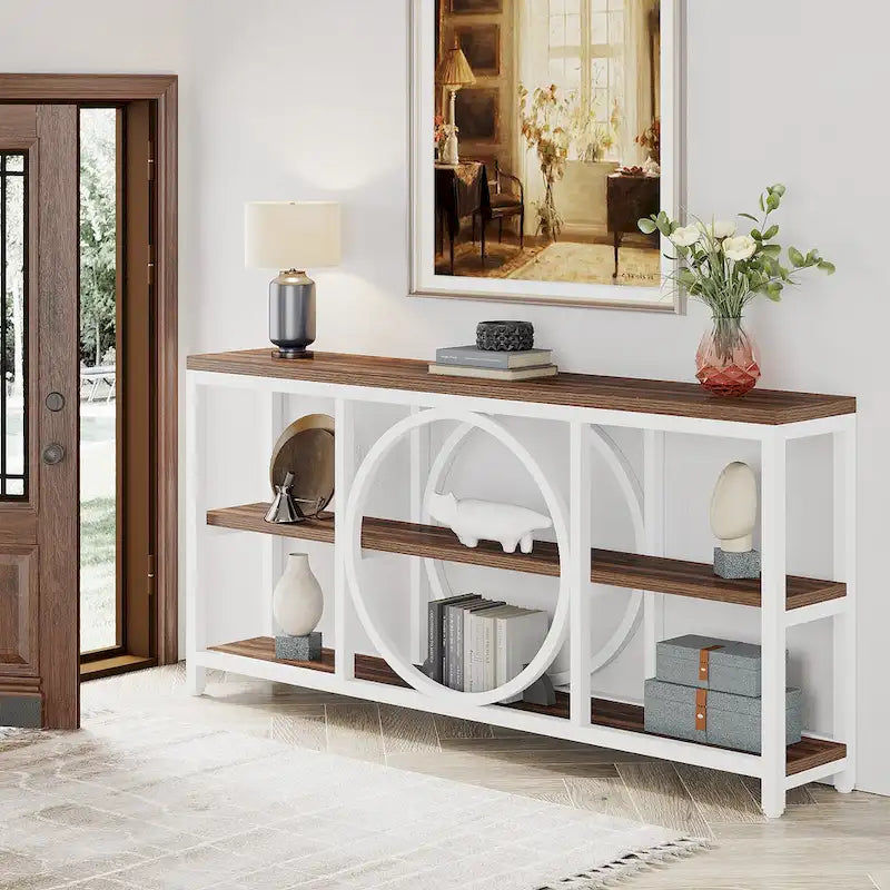 Table console à 3 niveaux de 70,9 po, style industriel – Gris / Marron / Noyer / Blanc