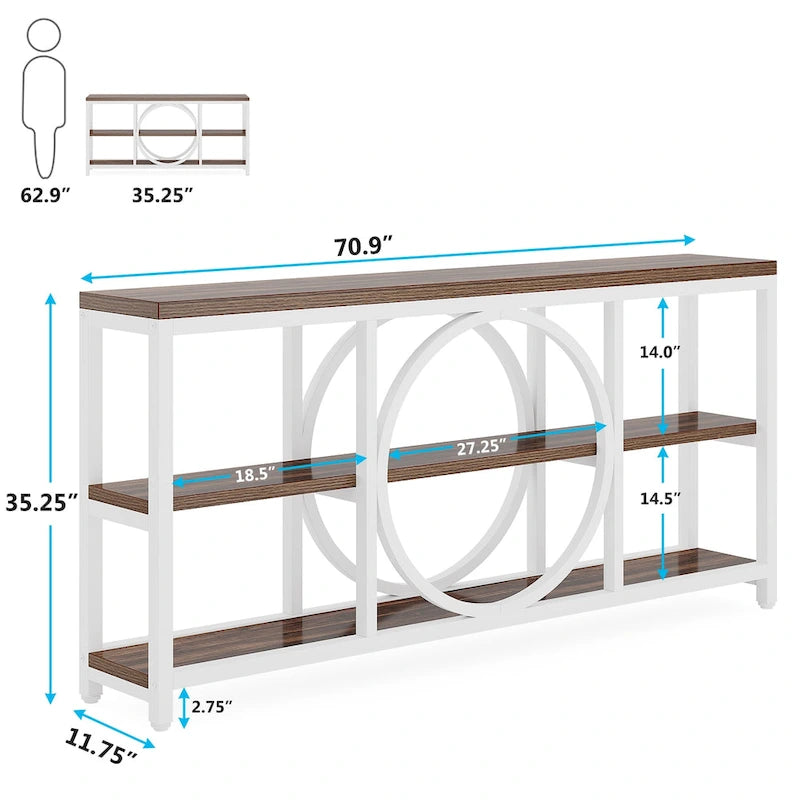 Table console à 3 niveaux de 70,9 po, style industriel – Gris / Marron / Noyer / Blanc