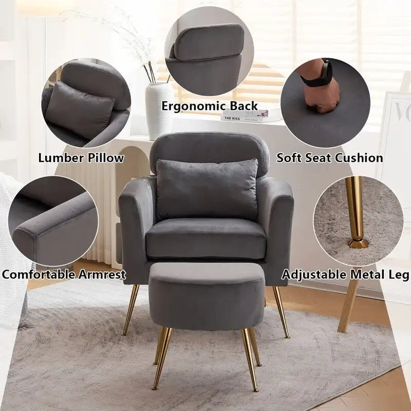 Fauteuil d'appoint en velours et bouclette avec pieds réglables dorés – Siège unique, plusieurs couleurs
