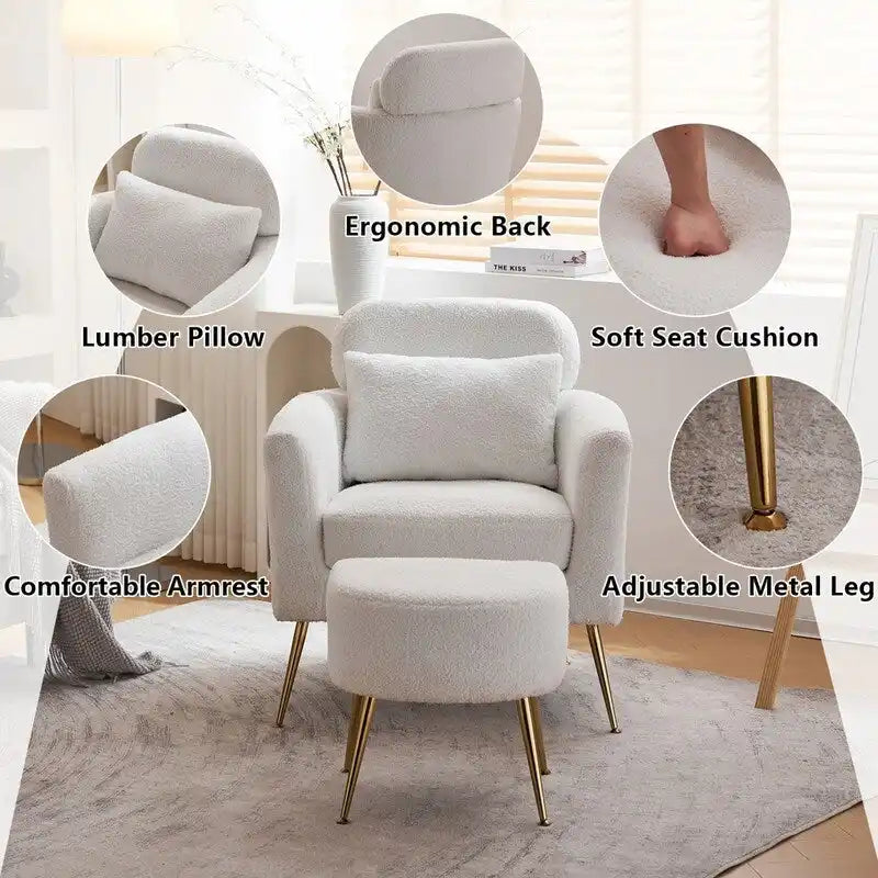 Fauteuil d'appoint en velours et bouclette avec pieds réglables dorés – Siège unique, plusieurs couleurs