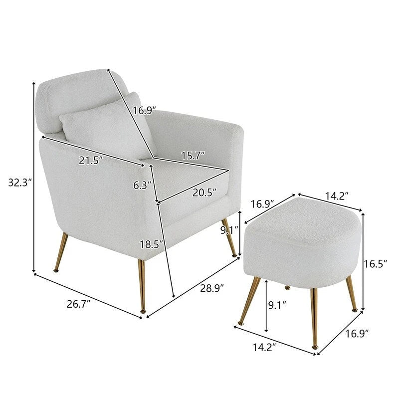 Fauteuil d'appoint en velours et bouclette avec pieds réglables dorés – Siège unique, plusieurs couleurs