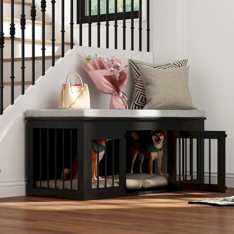 Cage pour chien en bois noir avec banc rembourré, pour chien unique, 120 cm