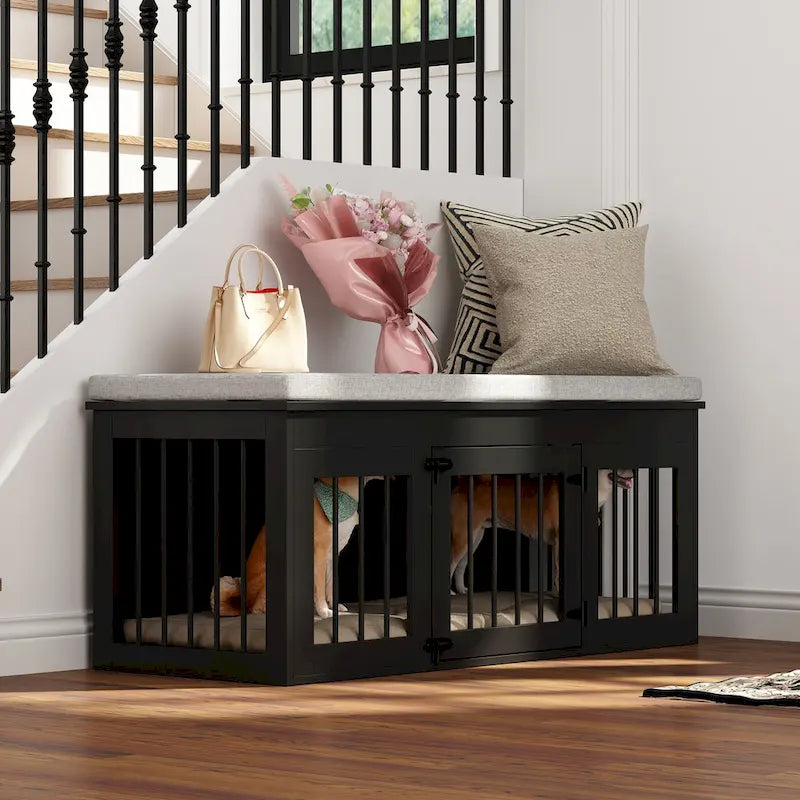 Cage pour chien en bois noir avec banc rembourré, pour chien unique, 120 cm