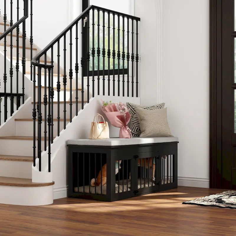 Cage pour chien en bois noir avec banc rembourré, pour chien unique, 120 cm