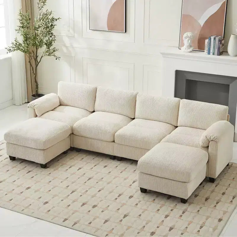 Hyleory 115 Corduroy Modular Sectional Sofa with two ottomans, U Shaped Couch,4 Seater Corner Sofa for Living Room, Office, Spacious Space