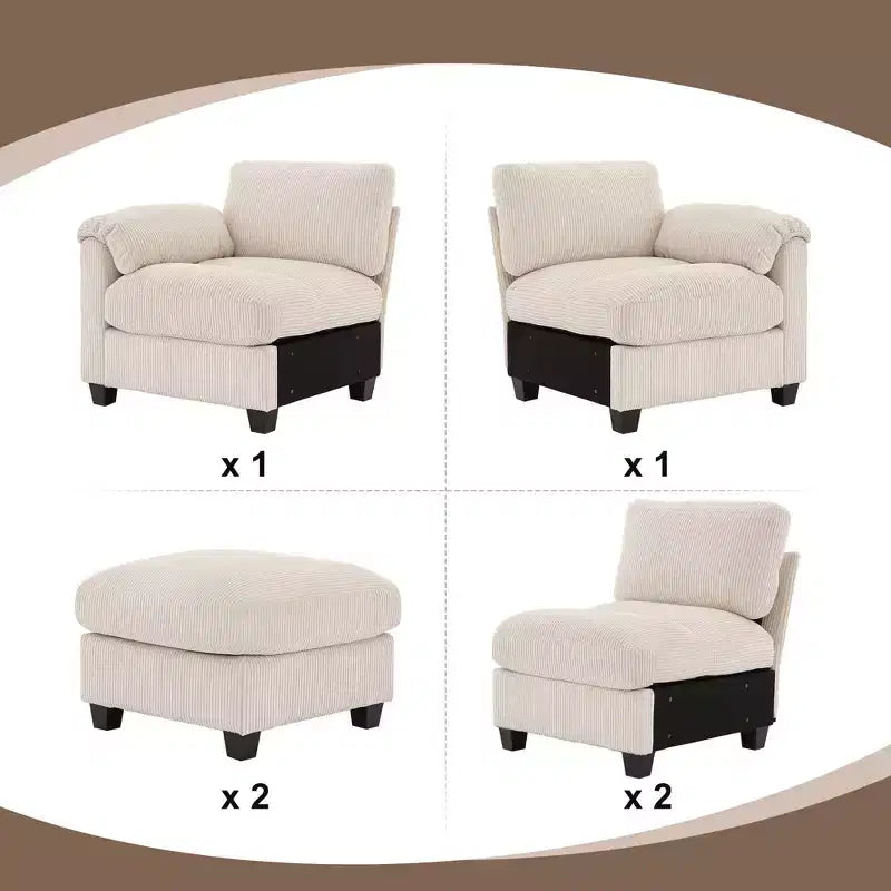 Canapé modulaire en velours côtelé Hyleory 115 avec deux poufs, canapé en U, canapé d'angle 4 places pour salon, bureau, grand espace