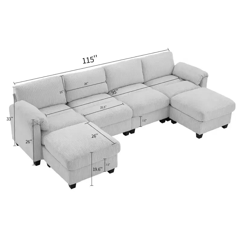 Canapé modulaire en velours côtelé Hyleory 115 avec deux poufs, canapé en U, canapé d'angle 4 places pour salon, bureau, grand espace