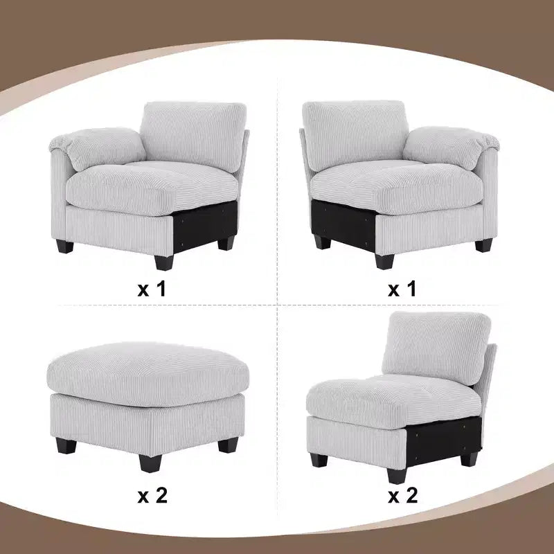 Canapé modulaire en velours côtelé Hyleory 115 avec deux poufs, canapé en U, canapé d'angle 4 places pour salon, bureau, grand espace