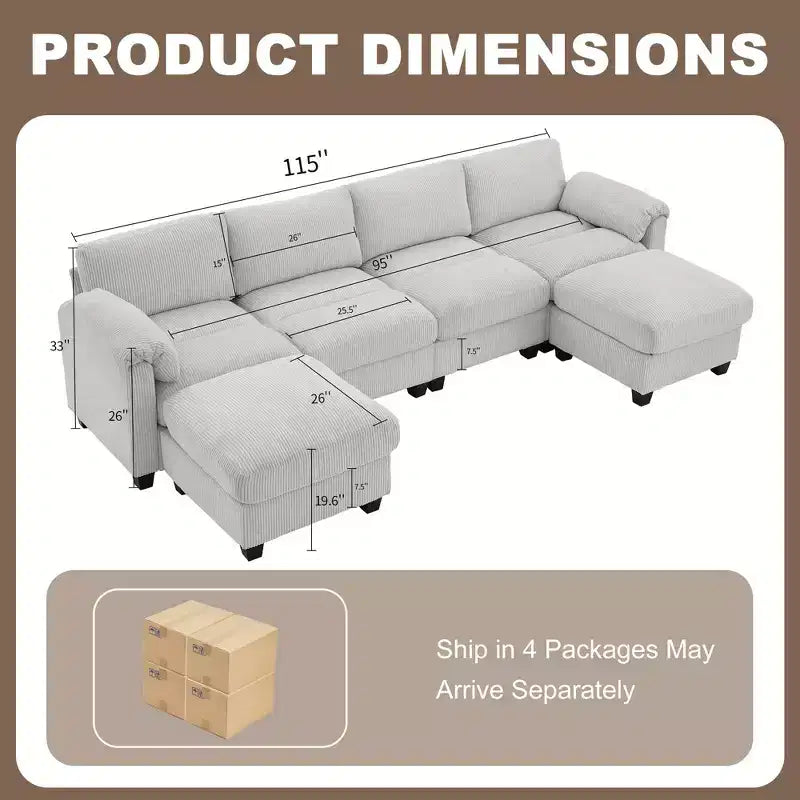 Canapé modulaire en velours côtelé Hyleory 115 avec deux poufs, canapé en U, canapé d'angle 4 places pour salon, bureau, grand espace