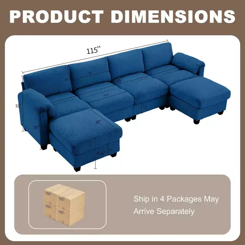 Canapé modulaire en velours côtelé Hyleory 115 avec deux poufs, canapé en U, canapé d'angle 4 places pour salon, bureau, grand espace