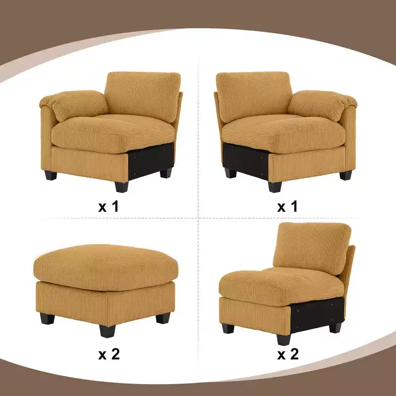 Canapé modulaire en velours côtelé Hyleory 115 avec deux poufs, canapé en U, canapé d'angle 4 places pour salon, bureau, grand espace