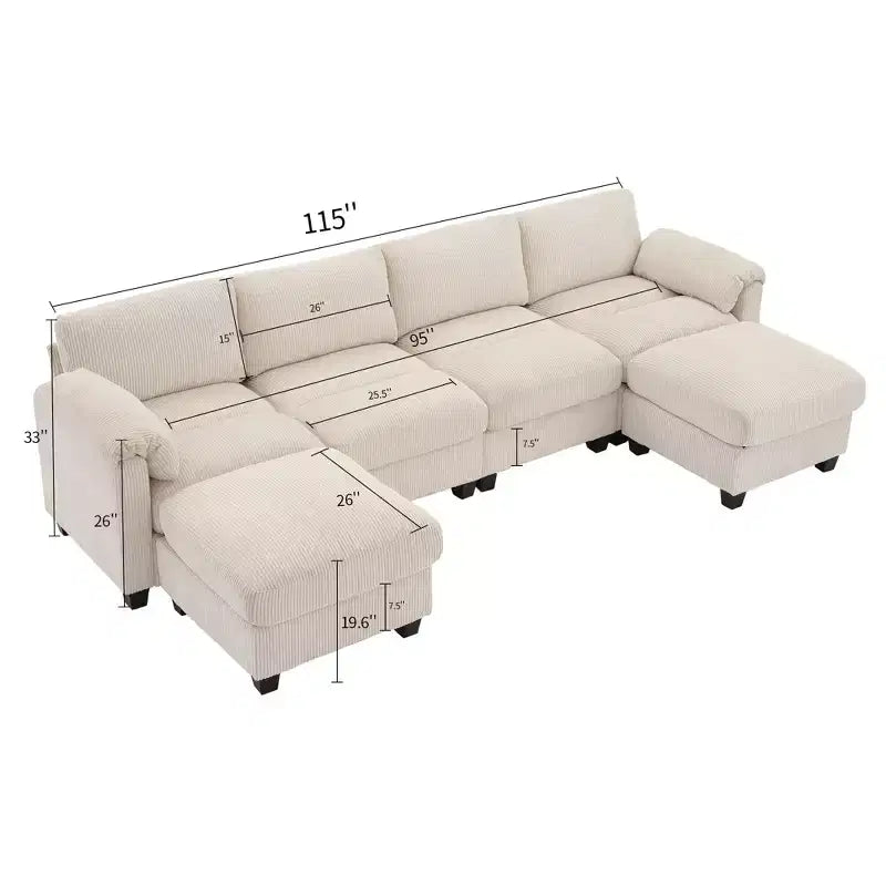 Canapé modulaire en velours côtelé Hyleory 115 avec deux poufs, canapé en U, canapé d'angle 4 places pour salon, bureau, grand espace
