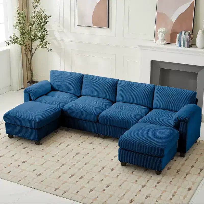 Canapé modulaire en velours côtelé Hyleory 115 avec deux poufs, canapé en U, canapé d'angle 4 places pour salon, bureau, grand espace