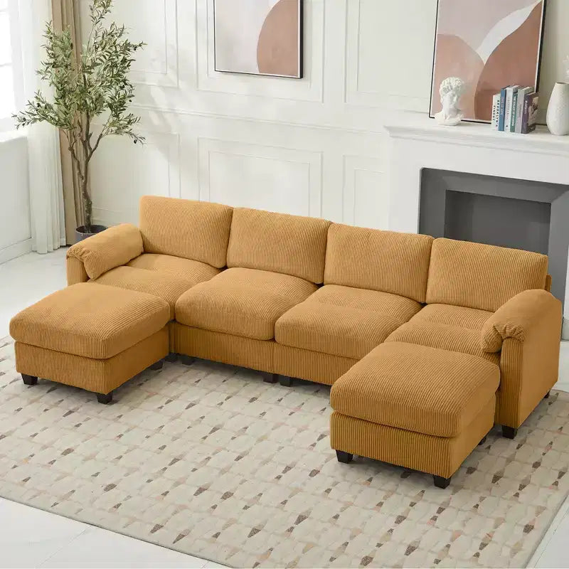 Canapé modulaire en velours côtelé Hyleory 115 avec deux poufs, canapé en U, canapé d'angle 4 places pour salon, bureau, grand espace