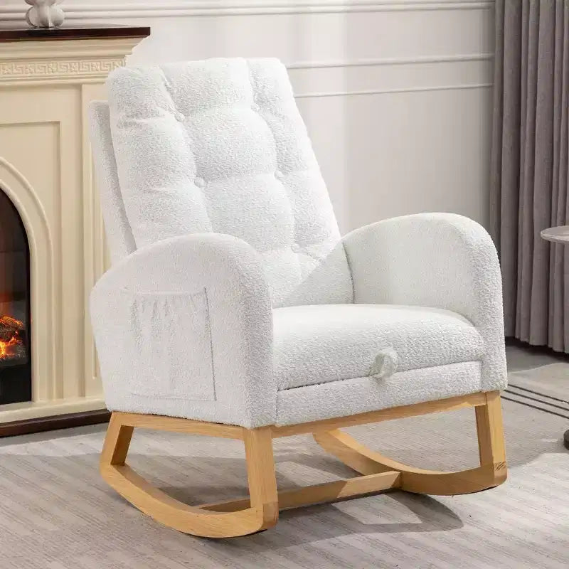 Fauteuil à bascule avec repose-pieds, chaise longue moderne à dossier haut avec pieds à bascule en bois, fauteuil à bascule de loisirs pour salon, chambre à coucher, bureau
