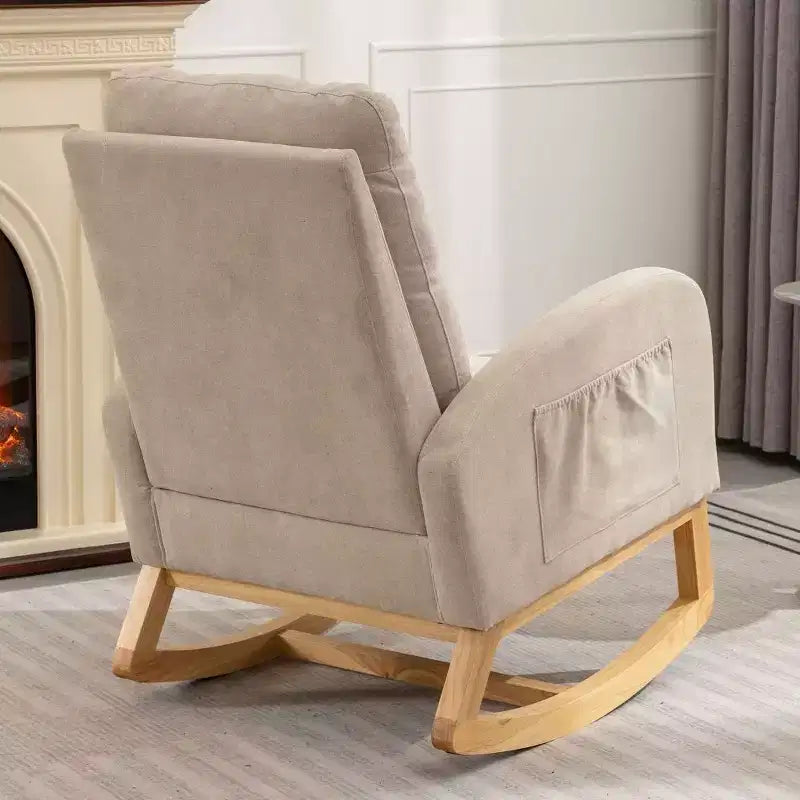 Fauteuil à bascule avec repose-pieds, chaise longue moderne à dossier haut avec pieds à bascule en bois, fauteuil à bascule de loisirs pour salon, chambre à coucher, bureau