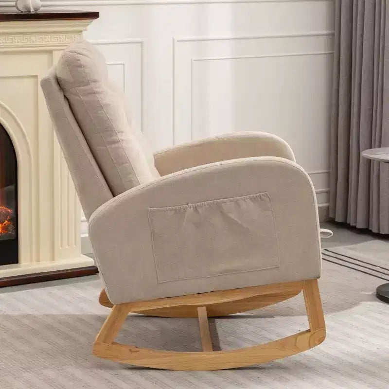 Fauteuil à bascule avec repose-pieds, chaise longue moderne à dossier haut avec pieds à bascule en bois, fauteuil à bascule de loisirs pour salon, chambre à coucher, bureau