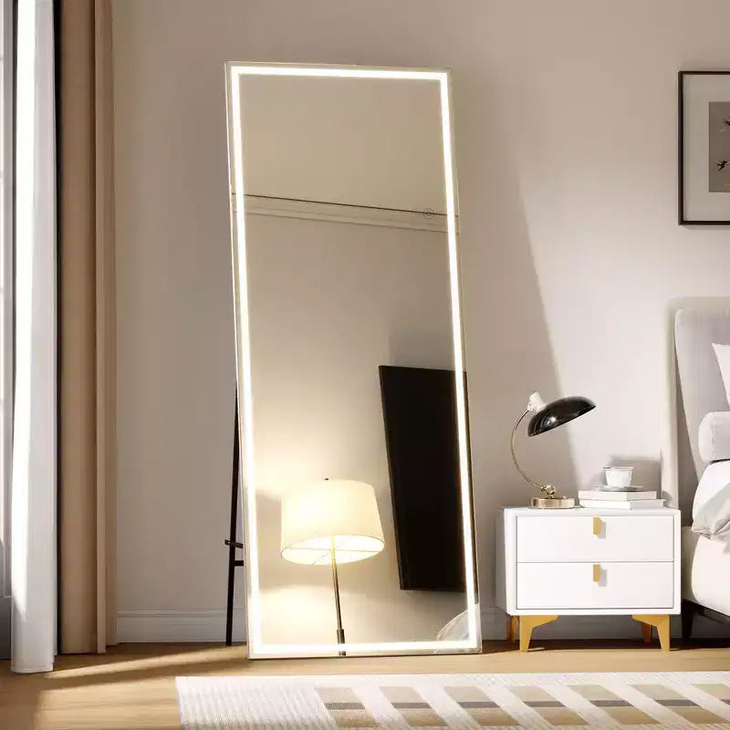 Miroir LED pleine longueur 71x 28 Miroir intégral avec lumière Miroir sur pied Miroir mural Miroir autoportant à intensité variable 3 couleurs d'éclairage Chambre Salle de bain