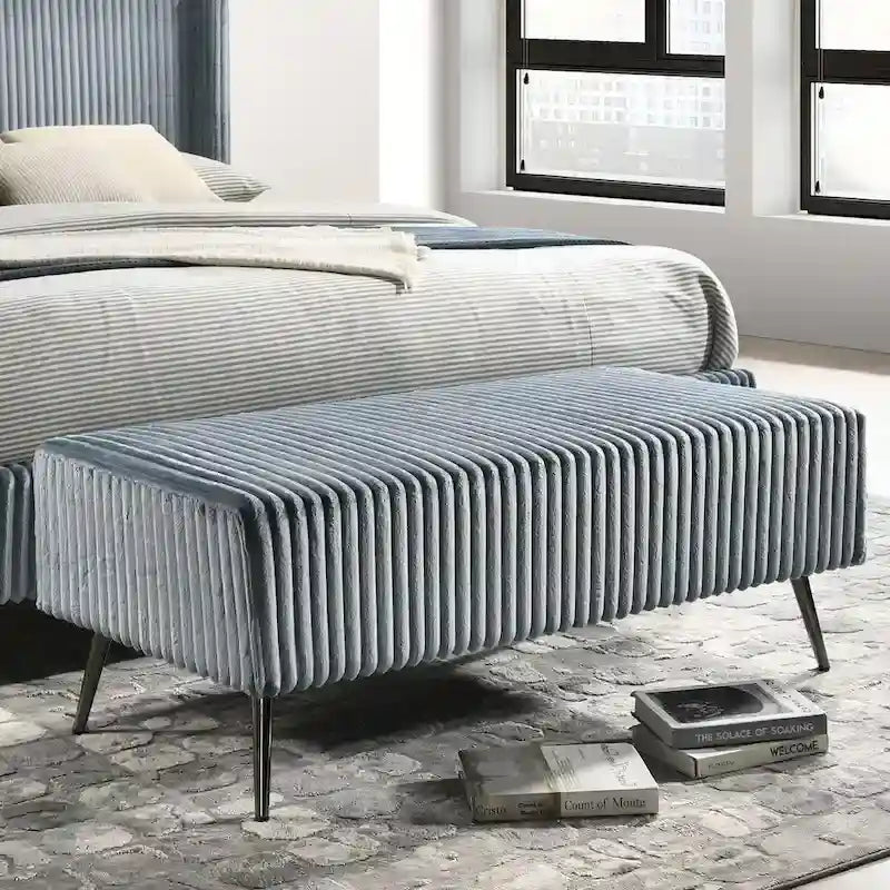Lit capitonné en velours côtelé à grosses côtes Mavela de Roundhill Furniture avec 2 tables de chevet et un banc, bleu