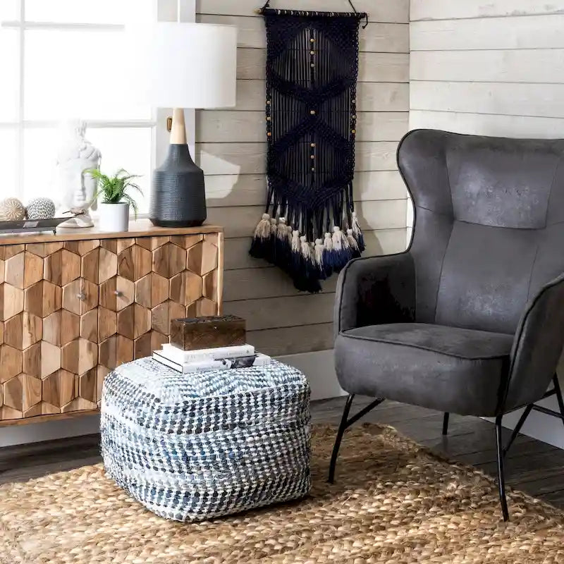 Pouffe ottoman en jean bleu fait main, siège individuel