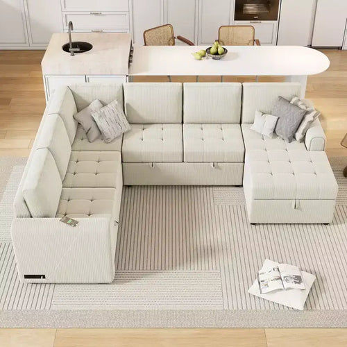 107.5W U-shaped Sectional Sofa Couch, Pull-out Sofa Bed with a Storage Chaise Lounge and Charging Devices 4S -ModernLuxe