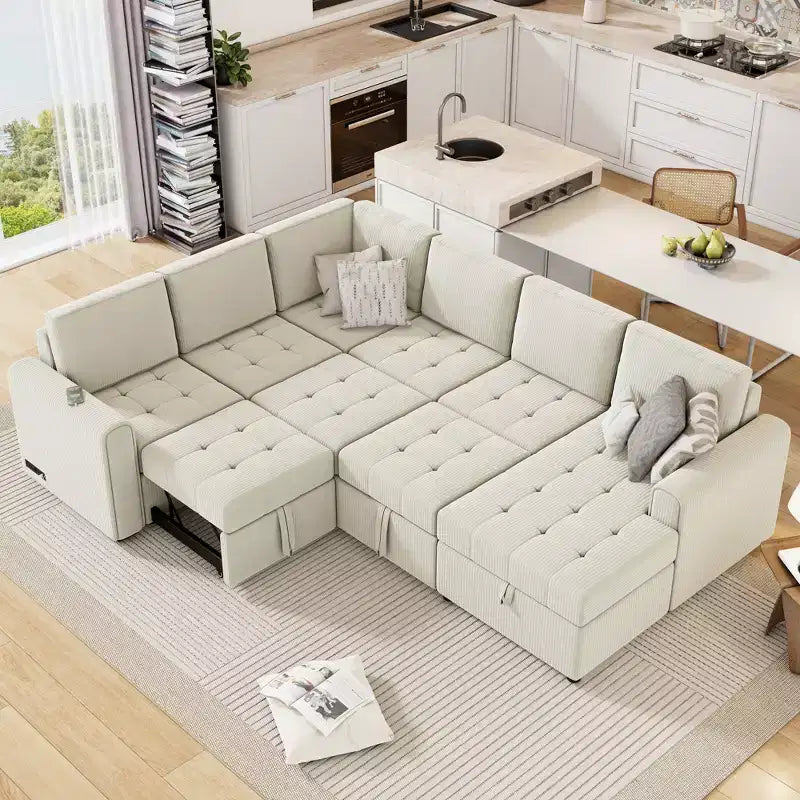Canapé d'angle en U de 107,5 W, convertible avec méridienne de rangement et prises de charge 4S -ModernLuxe