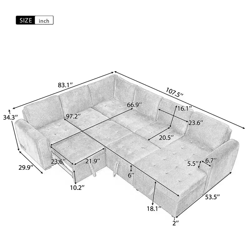 Canapé d'angle en U de 107,5 W, convertible avec méridienne de rangement et prises de charge 4S -ModernLuxe