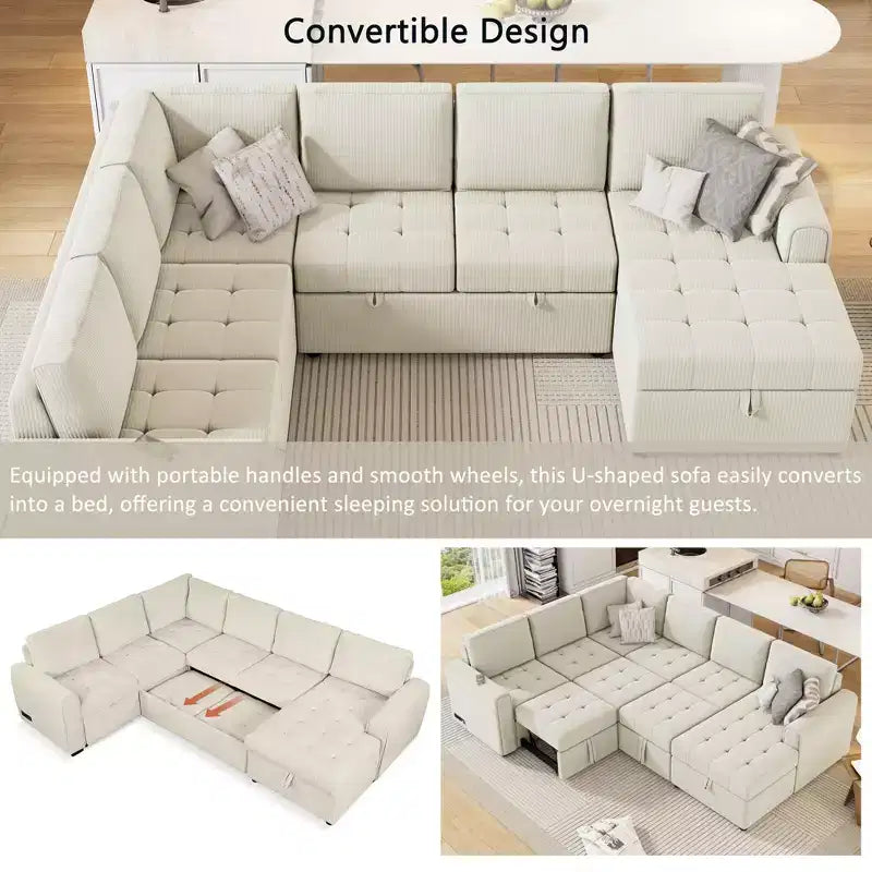 Canapé d'angle en U de 107,5 W, convertible avec méridienne de rangement et prises de charge 4S -ModernLuxe