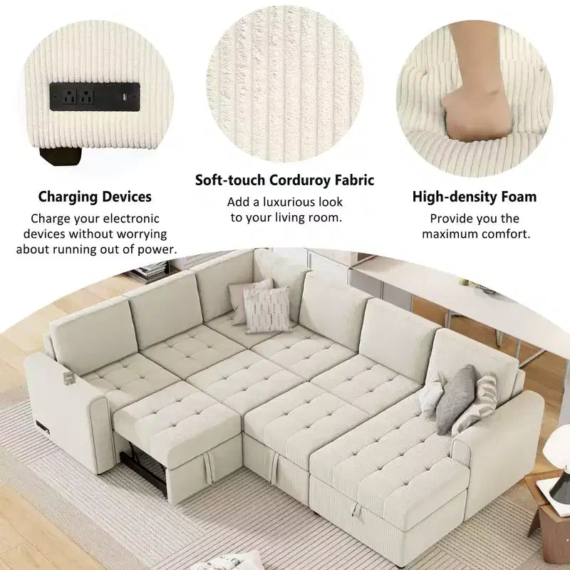 Canapé d'angle en U de 107,5 W, convertible avec méridienne de rangement et prises de charge 4S -ModernLuxe