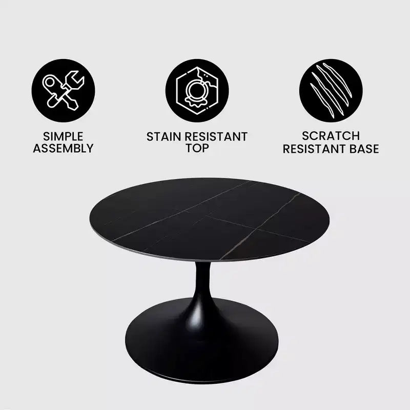 Table basse ronde Verve 27 de LeisureMod - Plateau en pierre frittée et piètement en acier noir moderne, table d'appoint pour salon contemporain