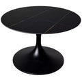 LeisureMod Verve 27 Round Coffee Table - Sintered Stone Top and Modern Black Steel Pedestal Base Accent Table for Contemporary Living Room