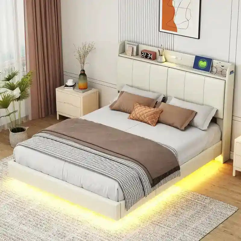 Cadre de lit Queen Size avec rangement, lumière tactile et port USB
