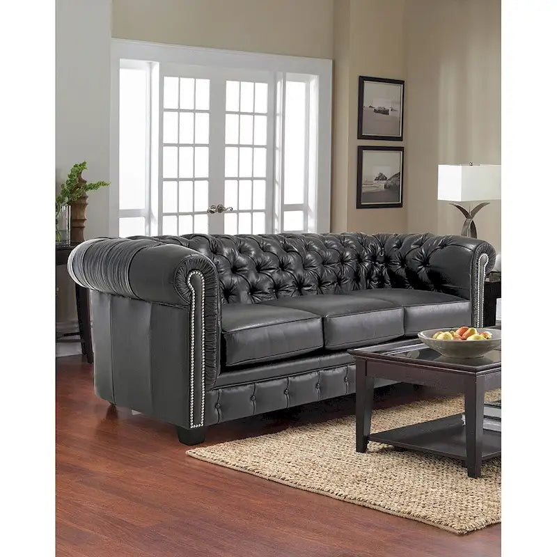 Canapé Chesterfield en cuir noir capitonné, 3 places