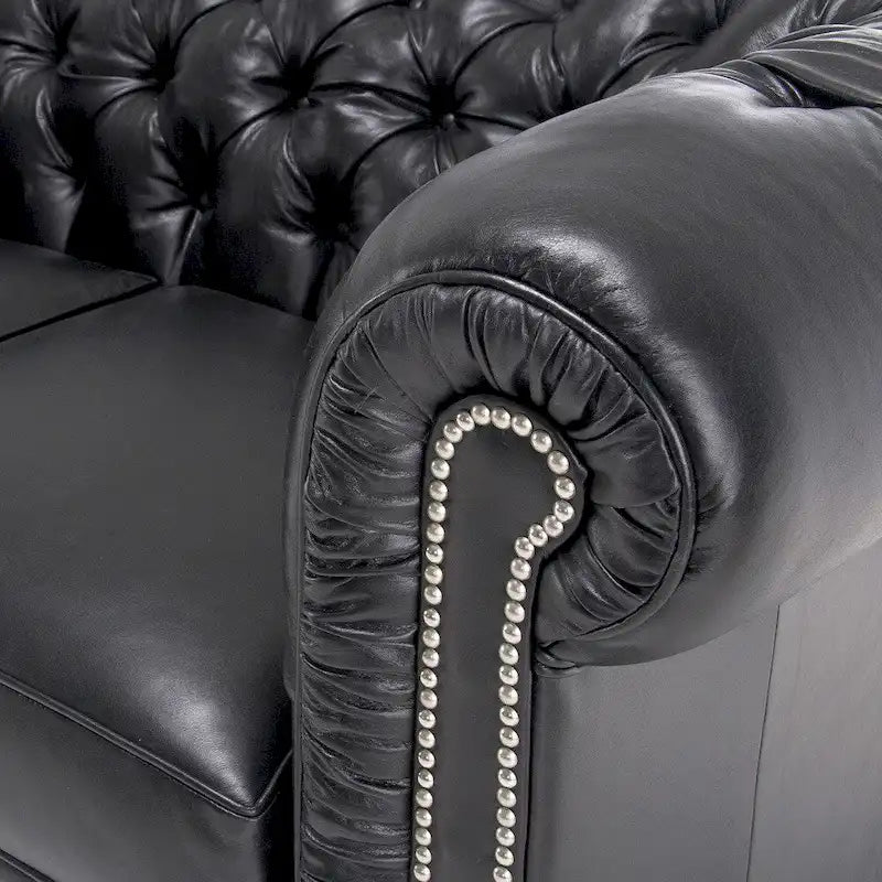 Canapé Chesterfield en cuir noir capitonné, 3 places