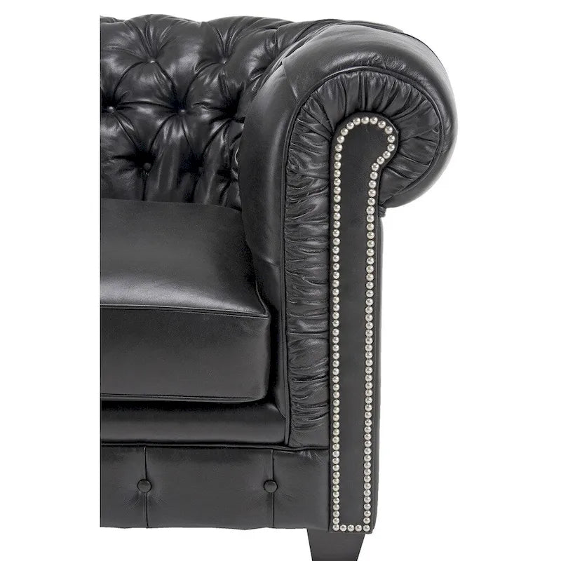 Canapé Chesterfield en cuir noir capitonné, 3 places
